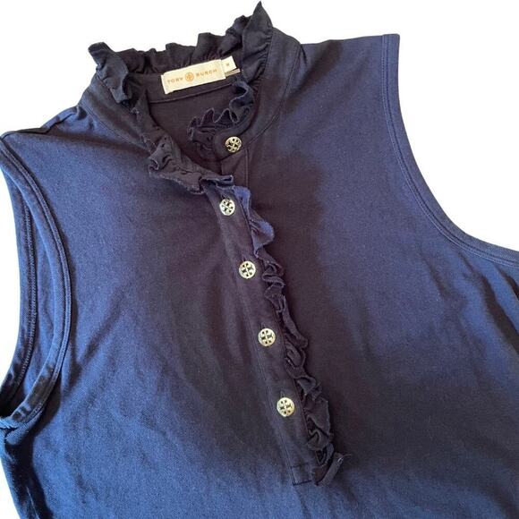 Tory Burch Navy Sleeveless Ruffle Mock Neck Button Top Size M - Picture 6 of 7